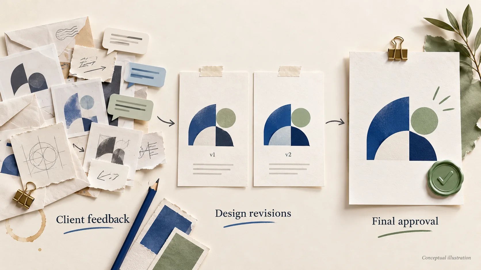 Illustration of scattered client feedback, two design revisions, and a final approved artwork.